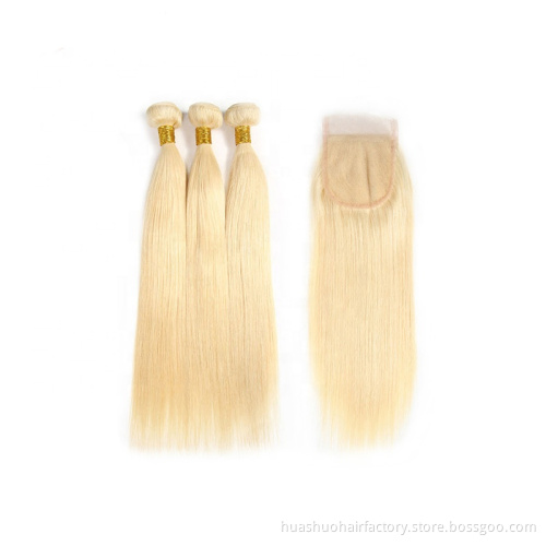 Huashuo 50% OFF Natural Pre-Plucked Hair Line Straight Remy Hair Real 613 Blonde Color Virgin Indian Hair  613 Lace Closure